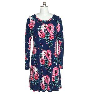Him One Womens Floral Swing T-Shirt Dress Long Sleeve Navy Size L
